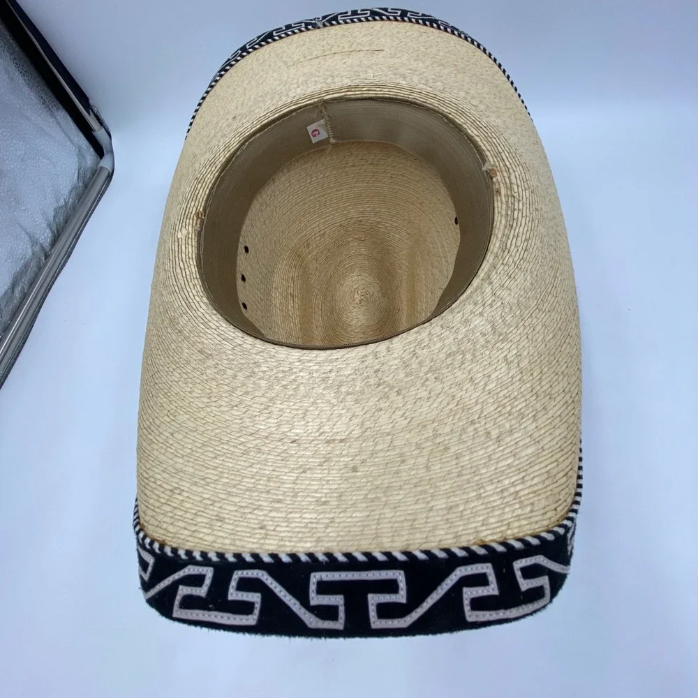 Large Straw Cowboy Hat Beige Black Greek Key Trim Western Rodeo Festival Charro